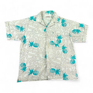 Vintage Hawaiian Shirt Adult LARGE Off White Turquoise Abstract Pineapple 80s